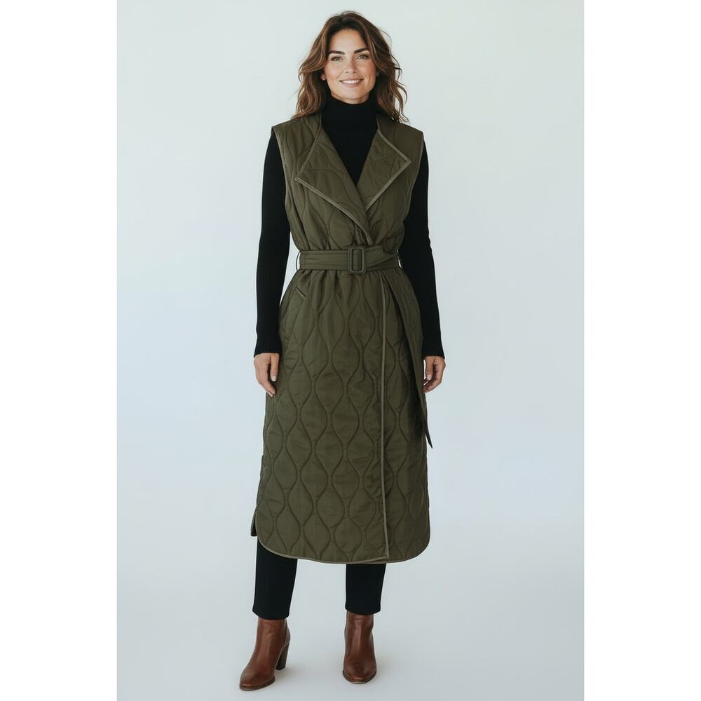 Halfboy Green Quilted Belted Long‎ Vest Jacket Size XS